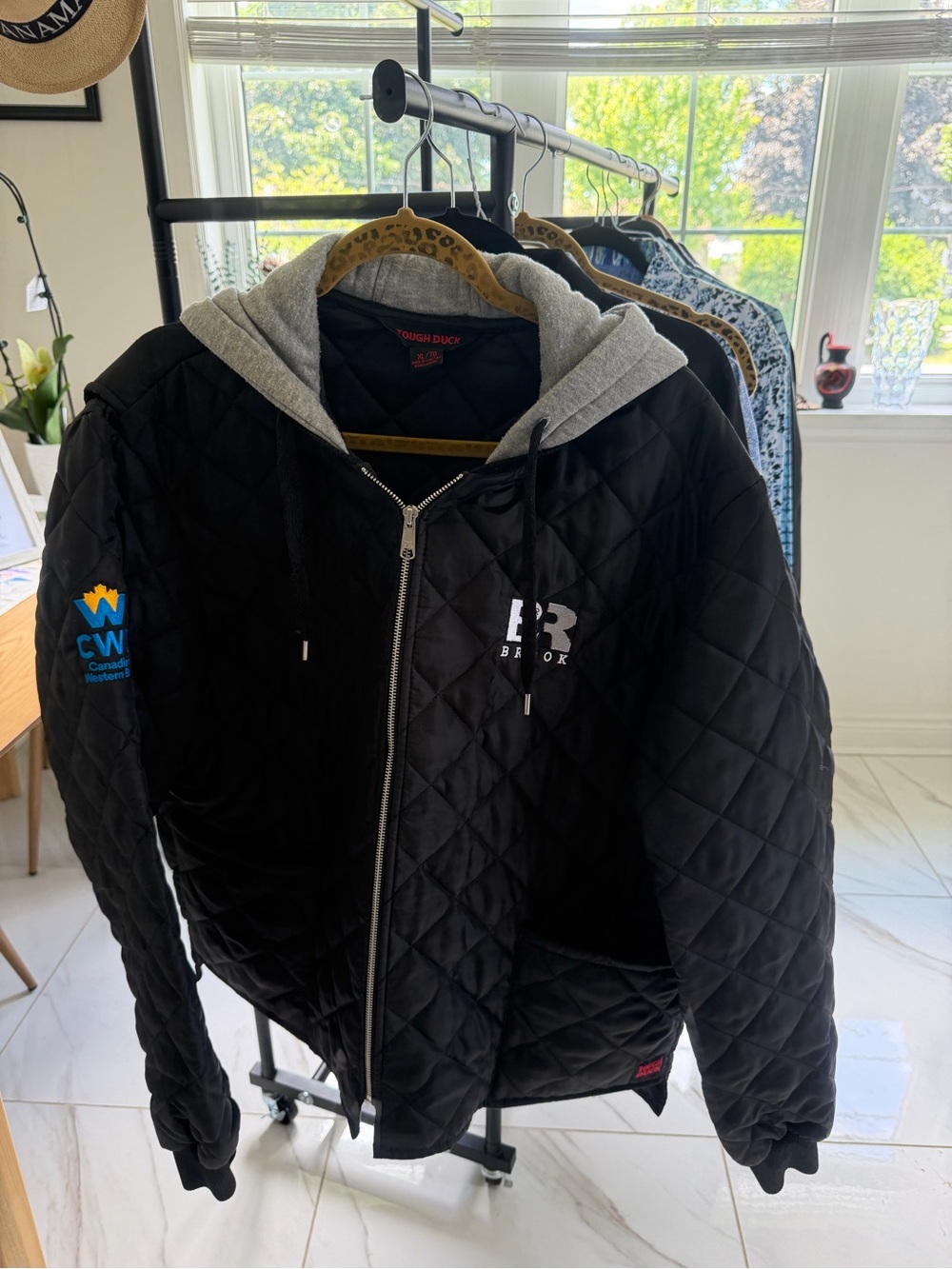Black Quilted Lightweight Hooded Jacket with Gray Lined Hood